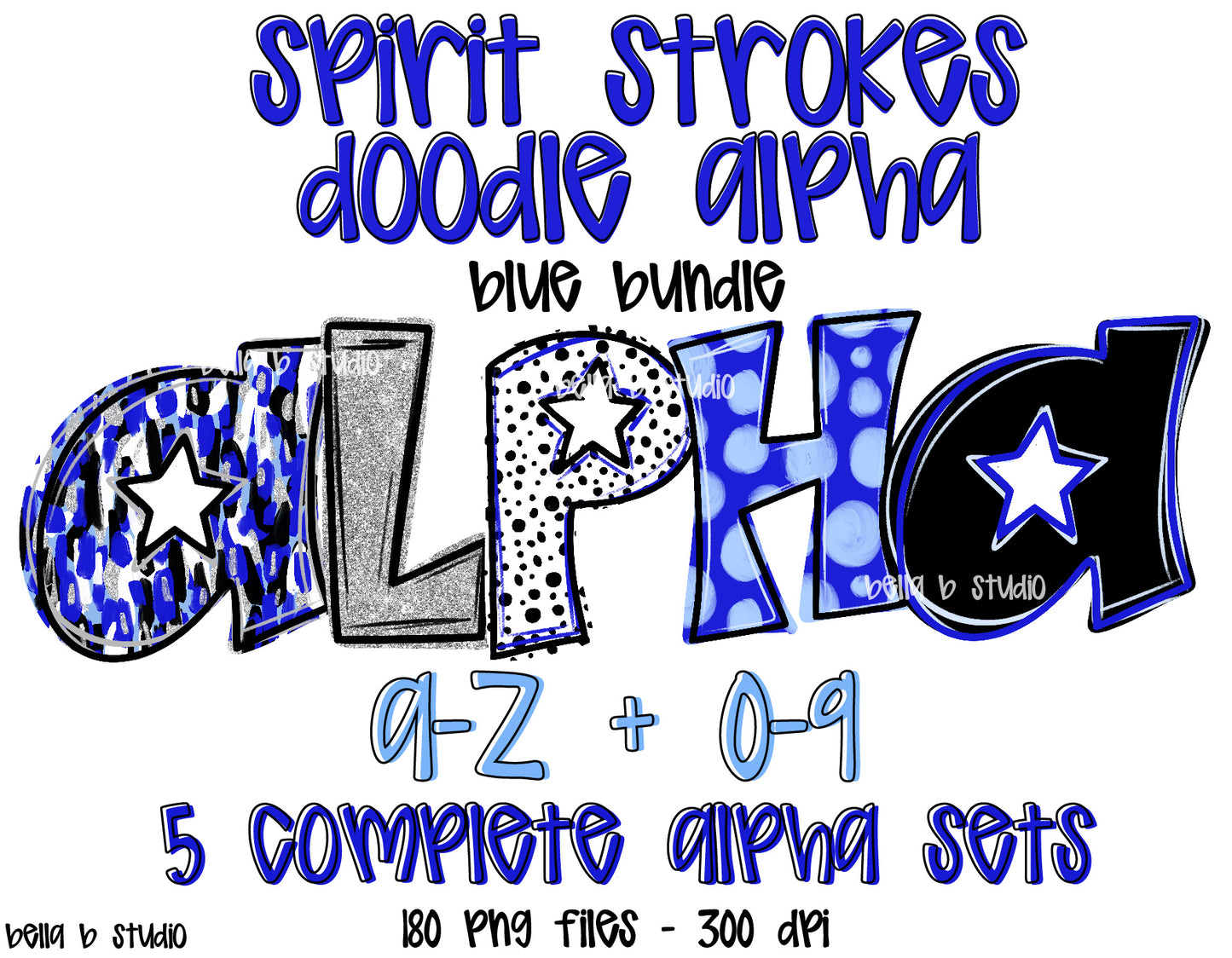 Blue Spirit Strokes Doodle Alpha Bundle - Set of 5 Alphabets