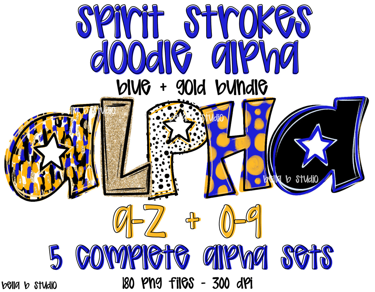 Blue Gold Spirit Strokes Doodle Alpha Bundle - Set of 5 Alphabets