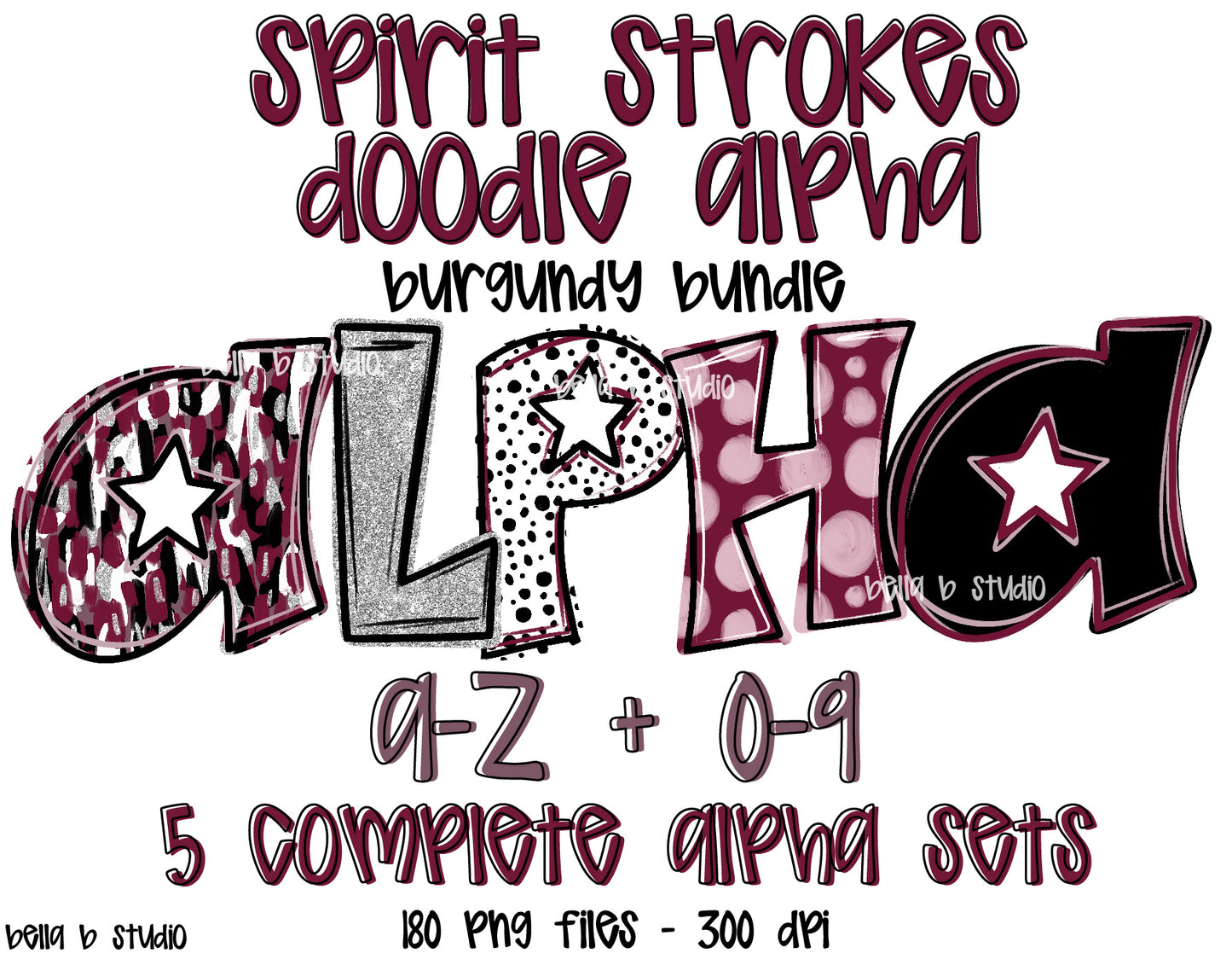 Burgundy Spirit Strokes Doodle Alpha Bundle - Set of 5 Alphabets