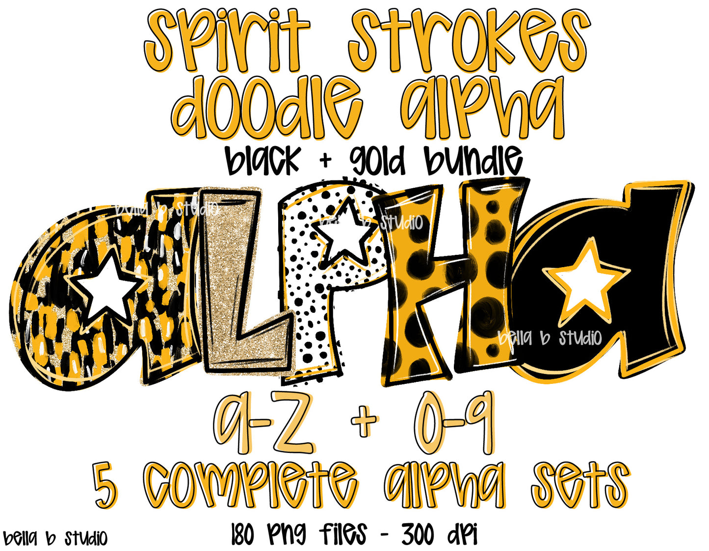 Black Gold Spirit Strokes Doodle Alpha Bundle - Set of 5 Alphabets