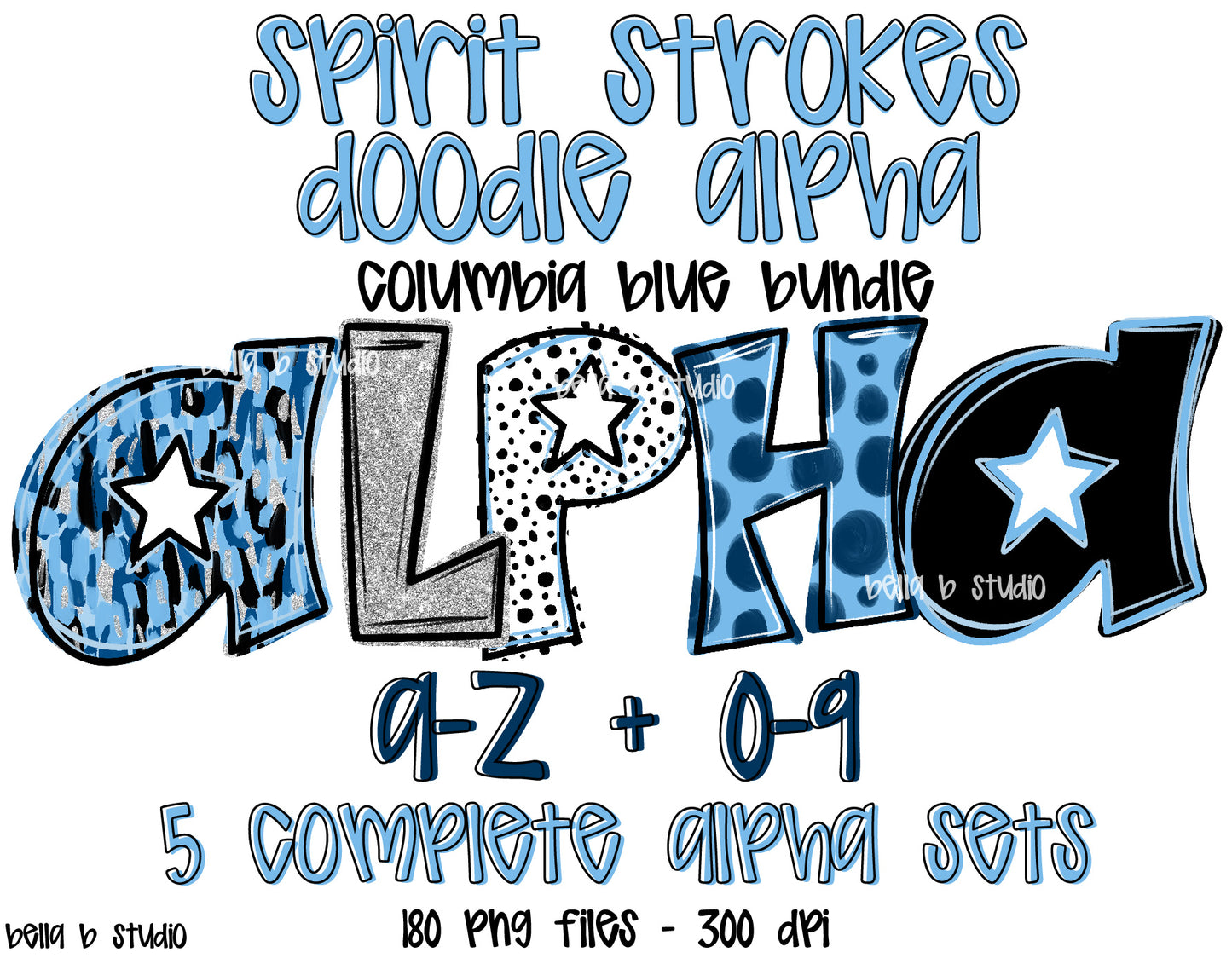 Columbia Blue Spirit Strokes Doodle Alpha Bundle - Set of 5 Alphabets