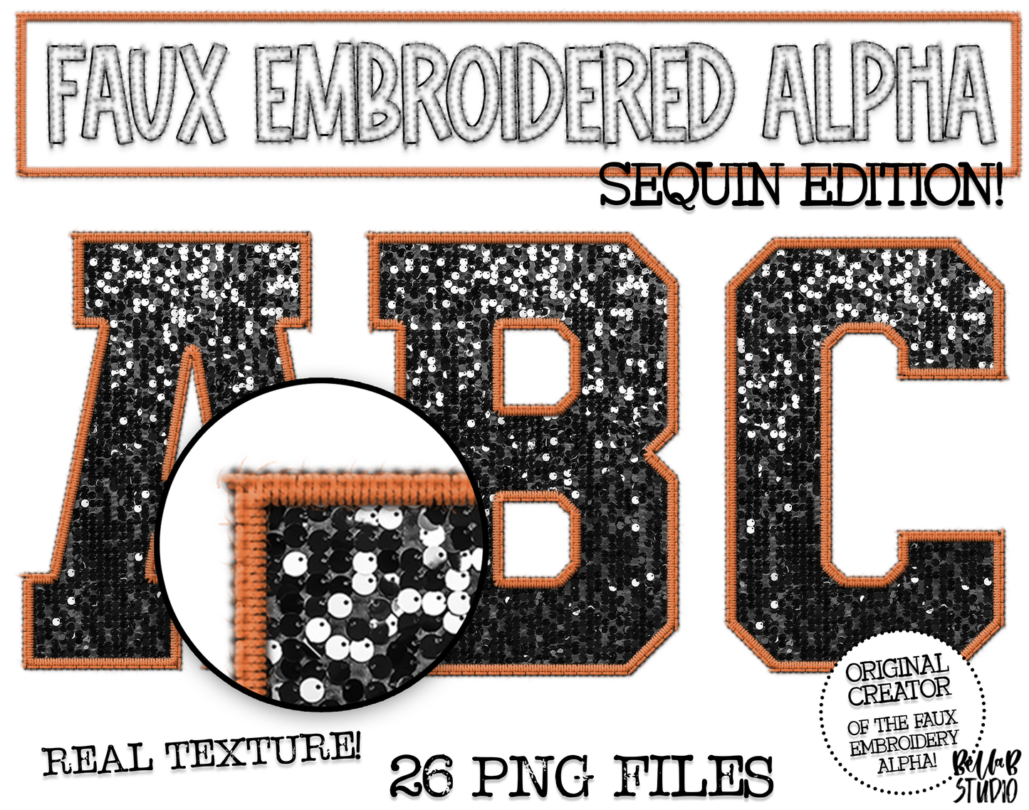 Faux Embroidered SEQUIN Alphabet Set - Black/Orange