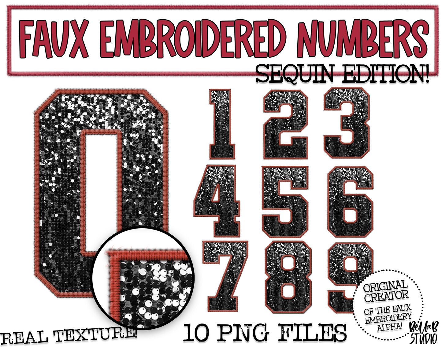 Faux Embroidered SEQUIN Number Set - Black/Red