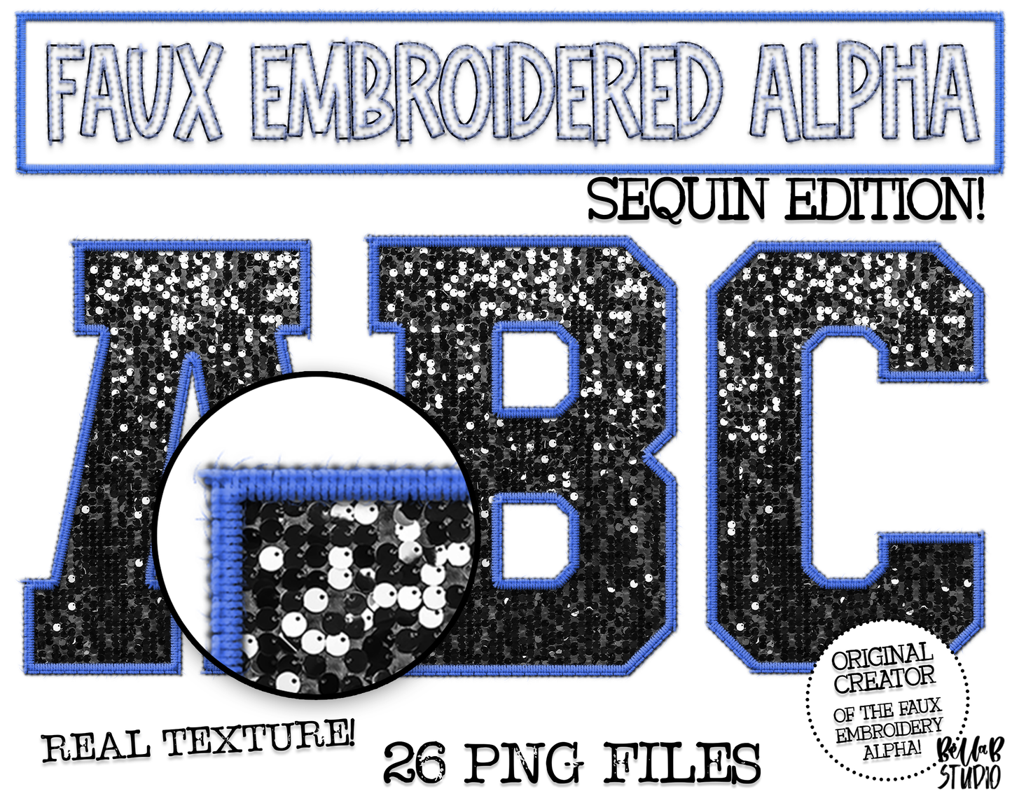 Faux Embroidered SEQUIN Alphabet Set - BLACK/Royal