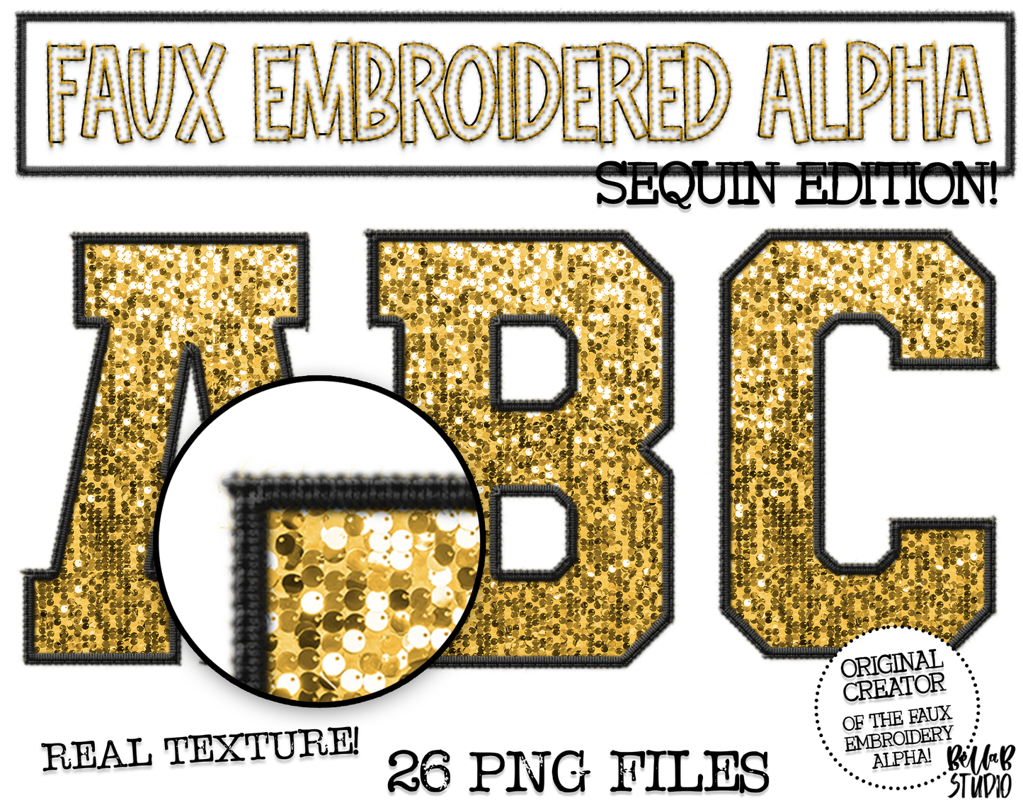 Faux Embroidered SEQUIN Alphabet Set -Gold/Black