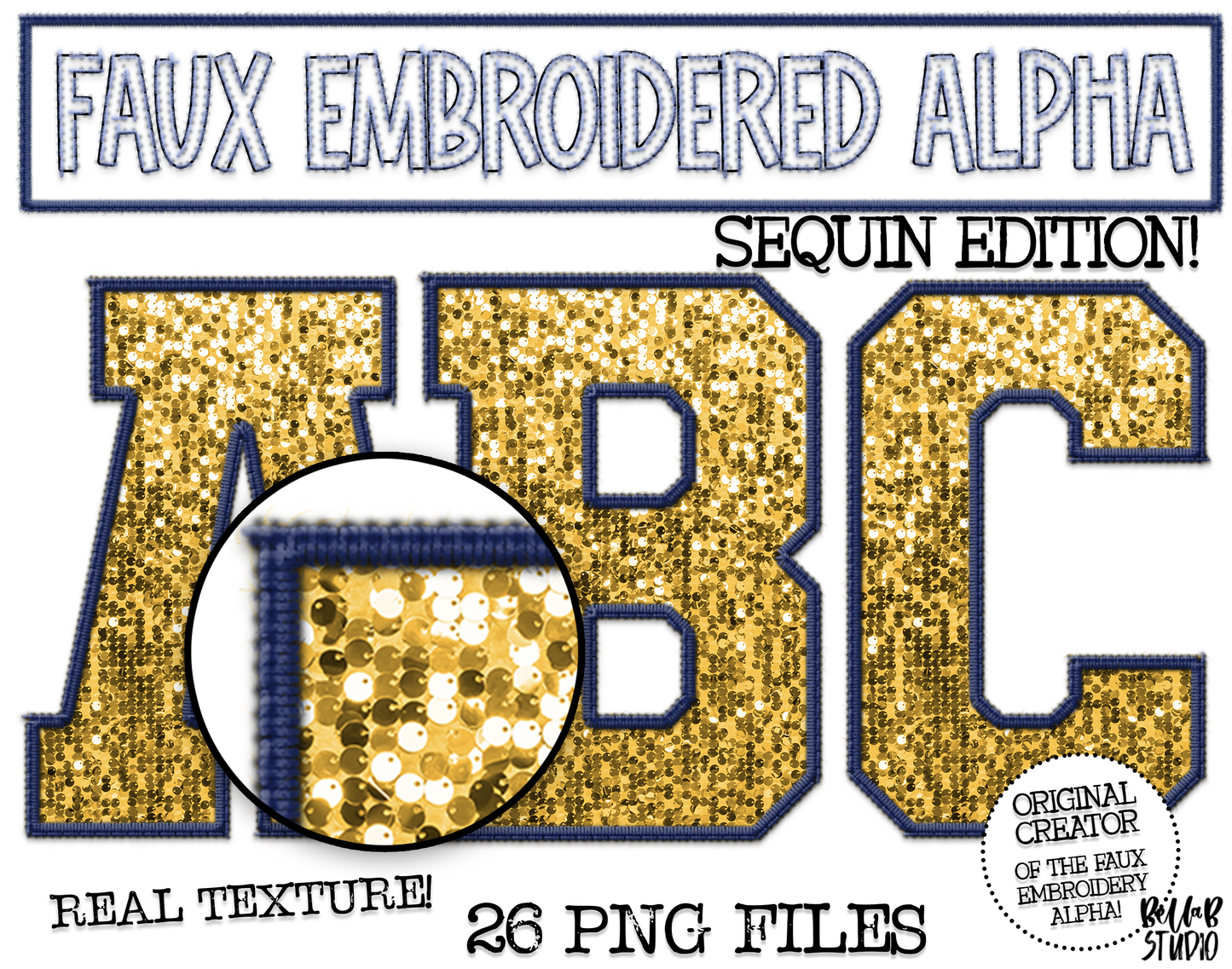 Faux Embroidered SEQUIN Alphabet Set - GOLD/Navy