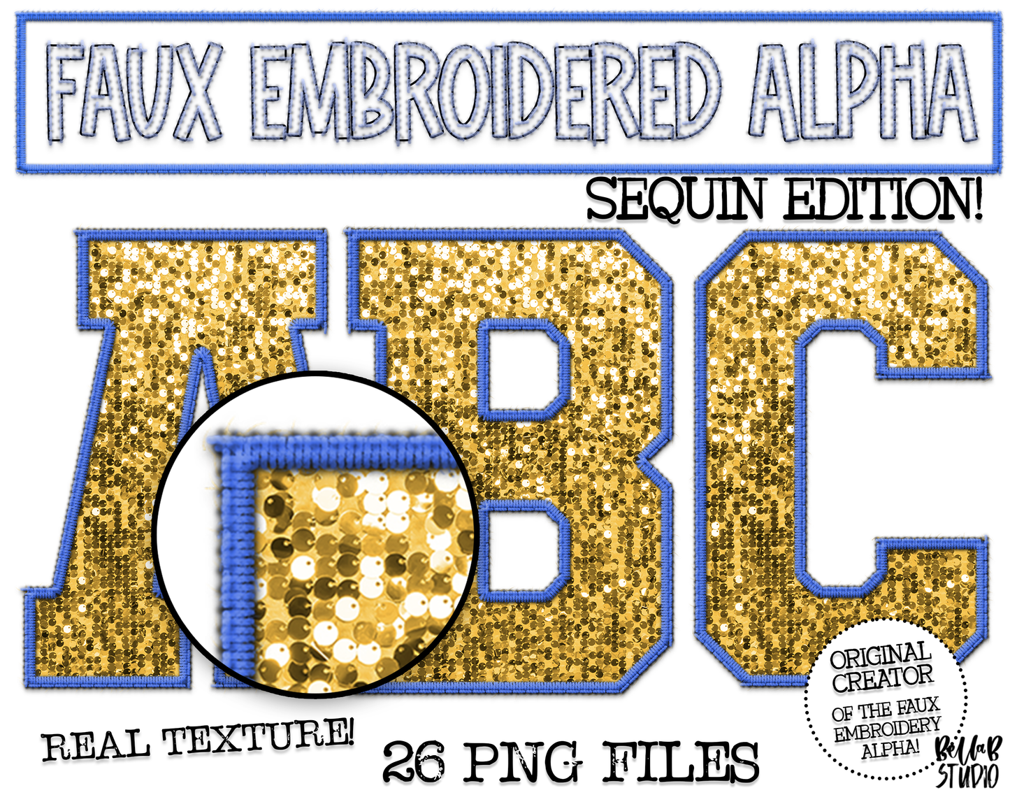 Faux Embroidered SEQUIN Alphabet Set - GOLD/Royal
