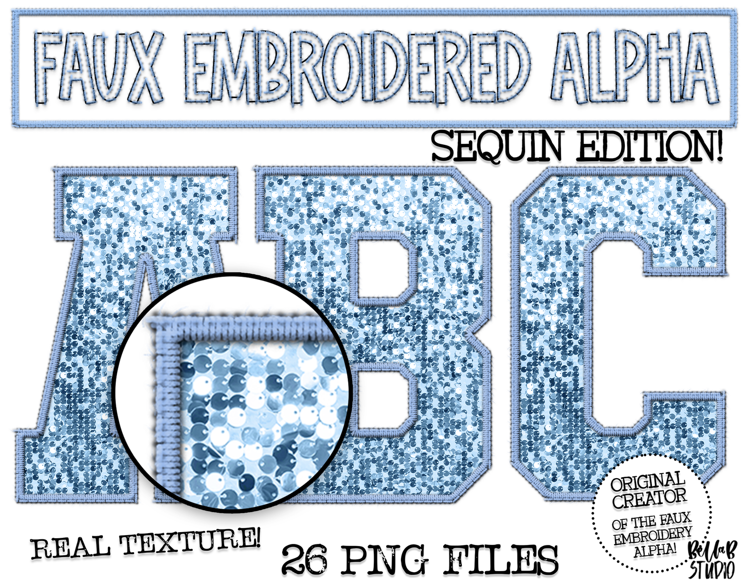 Faux Embroidered SEQUIN Alphabet Set - Light Blue