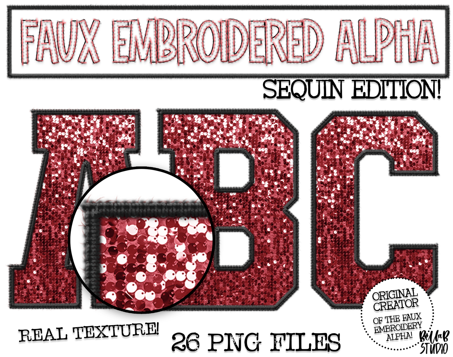 Faux Embroidered SEQUIN Alphabet Set - Maroon/Black