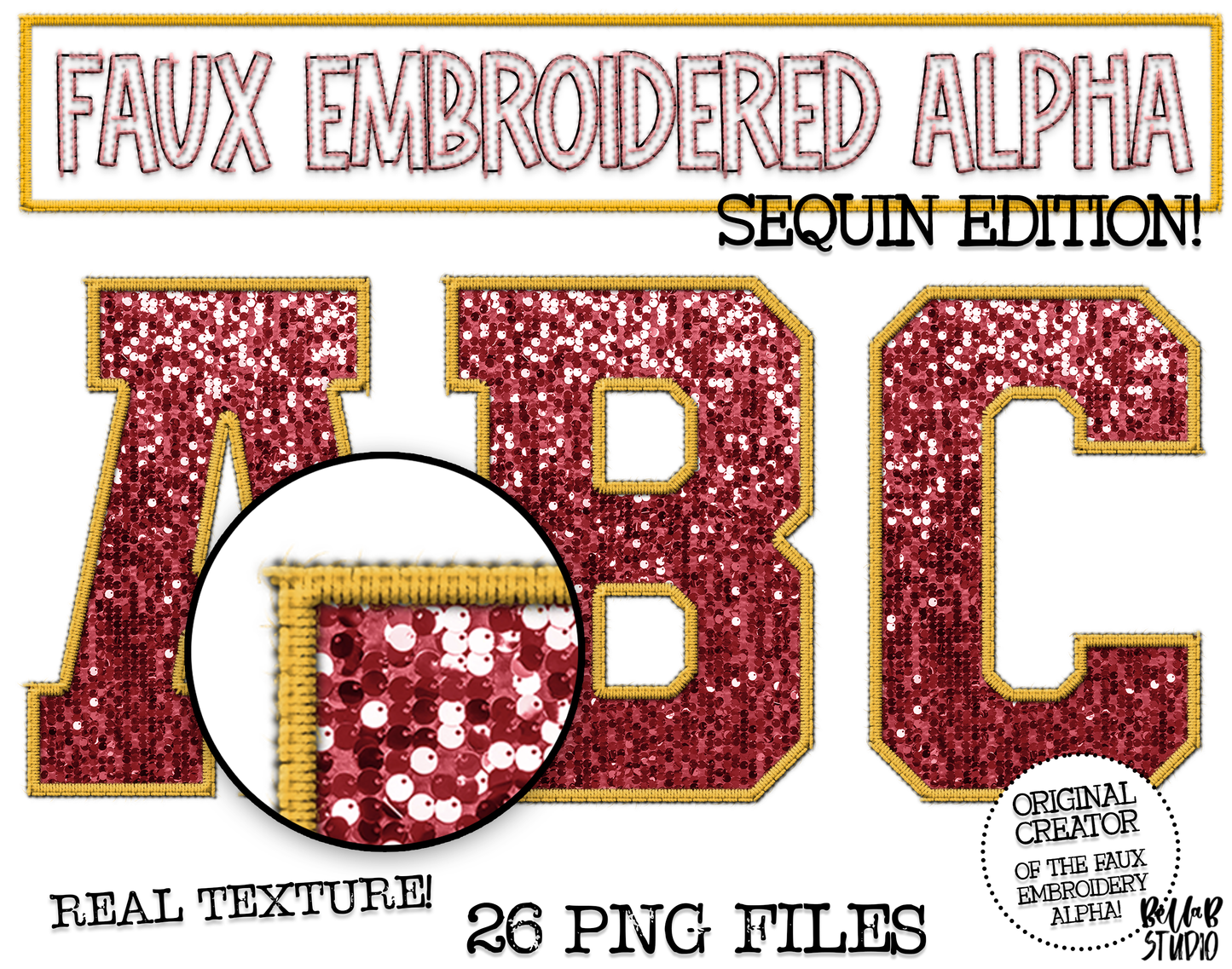 Faux Embroidered SEQUIN Alphabet Set - Maroon/Mustard