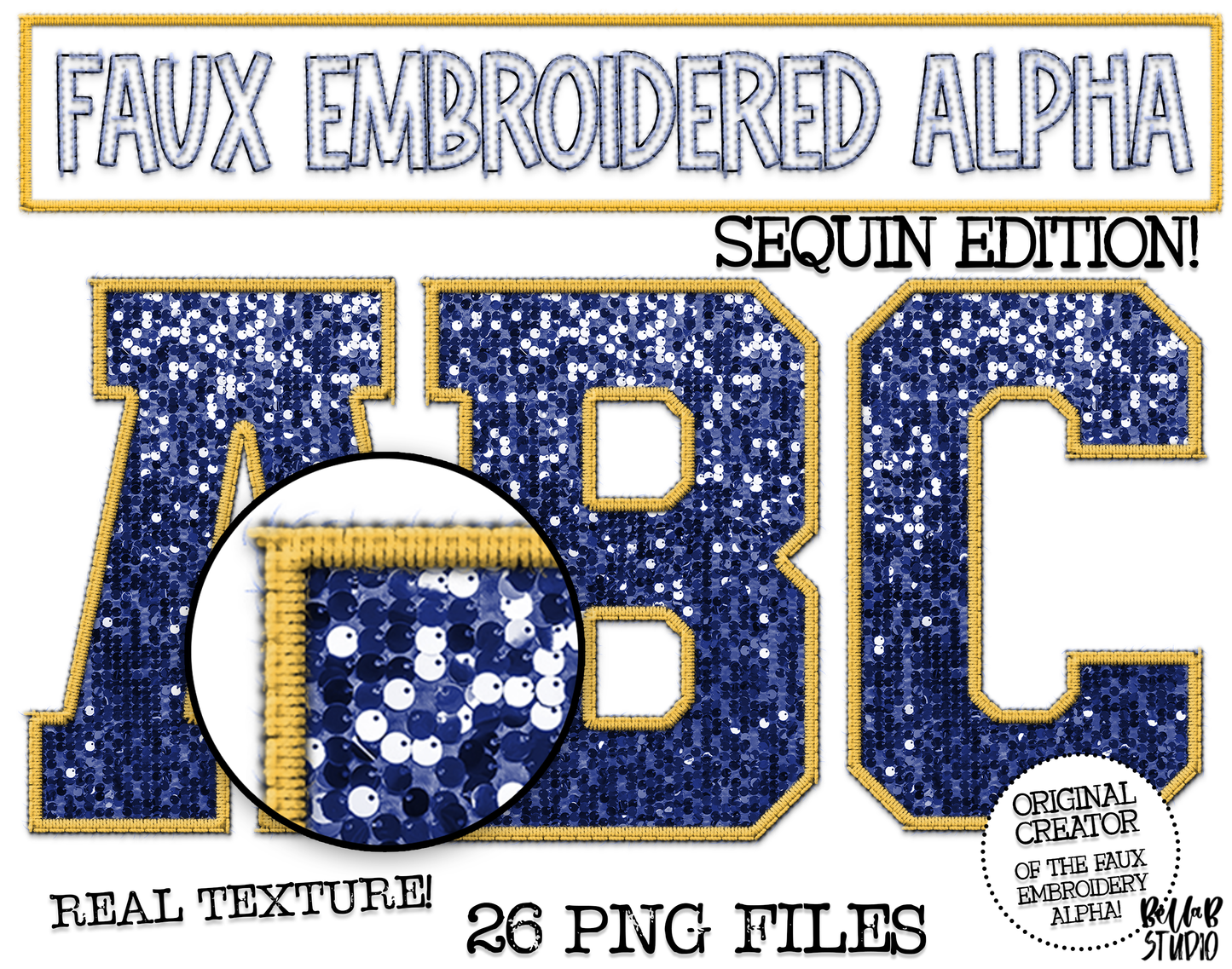 Faux Embroidered SEQUIN Alphabet Set - Navy/Gold