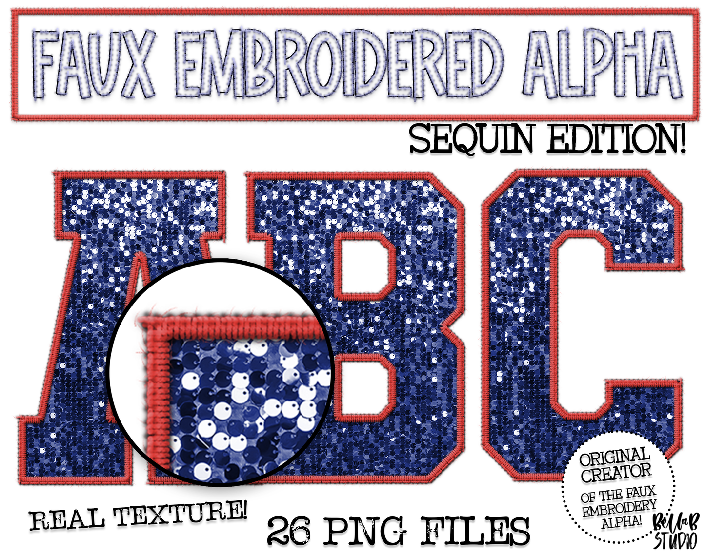 Faux Embroidered SEQUIN Alphabet Set - Navy/Red