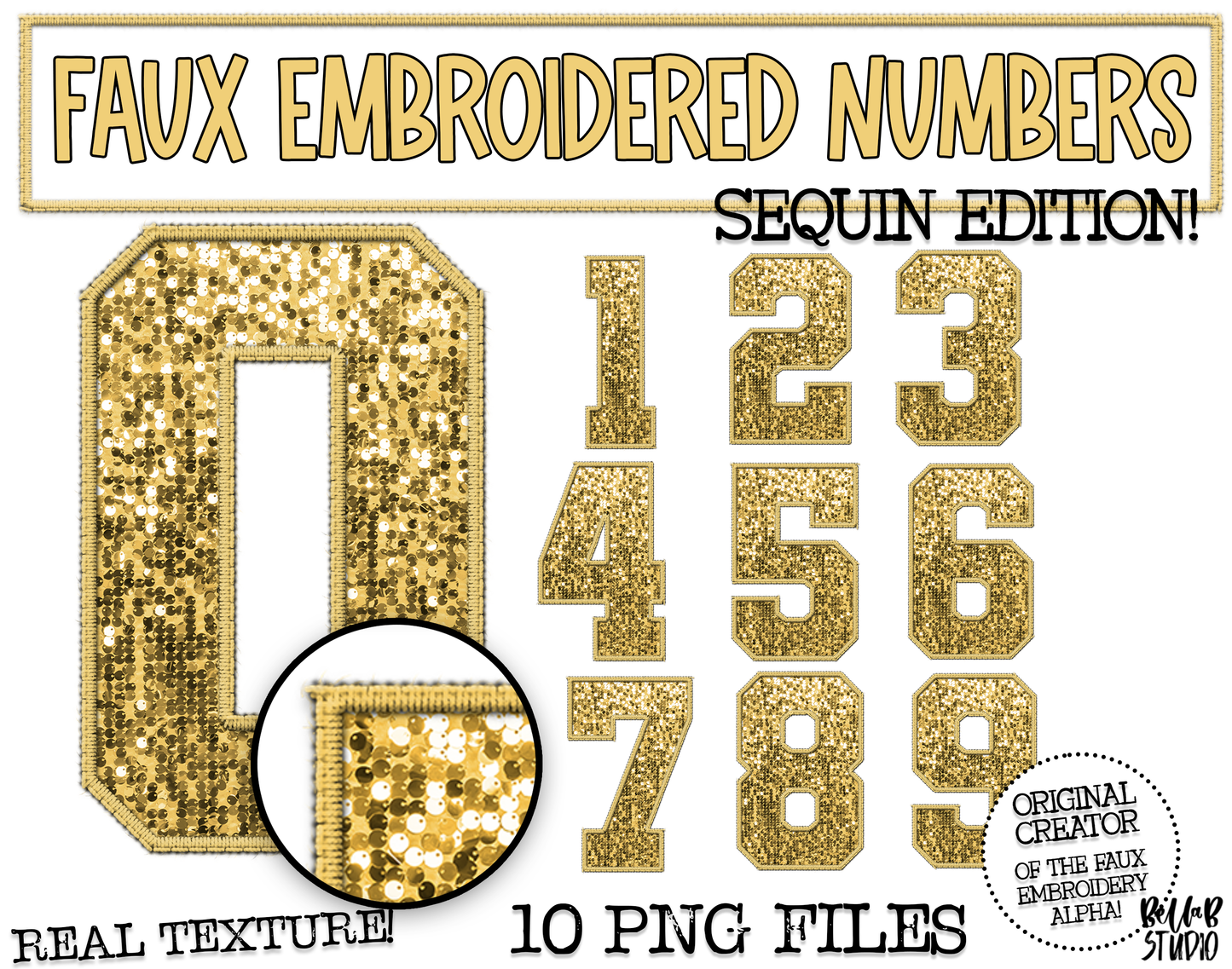 Faux Embroidered SEQUIN Number Set - Gold