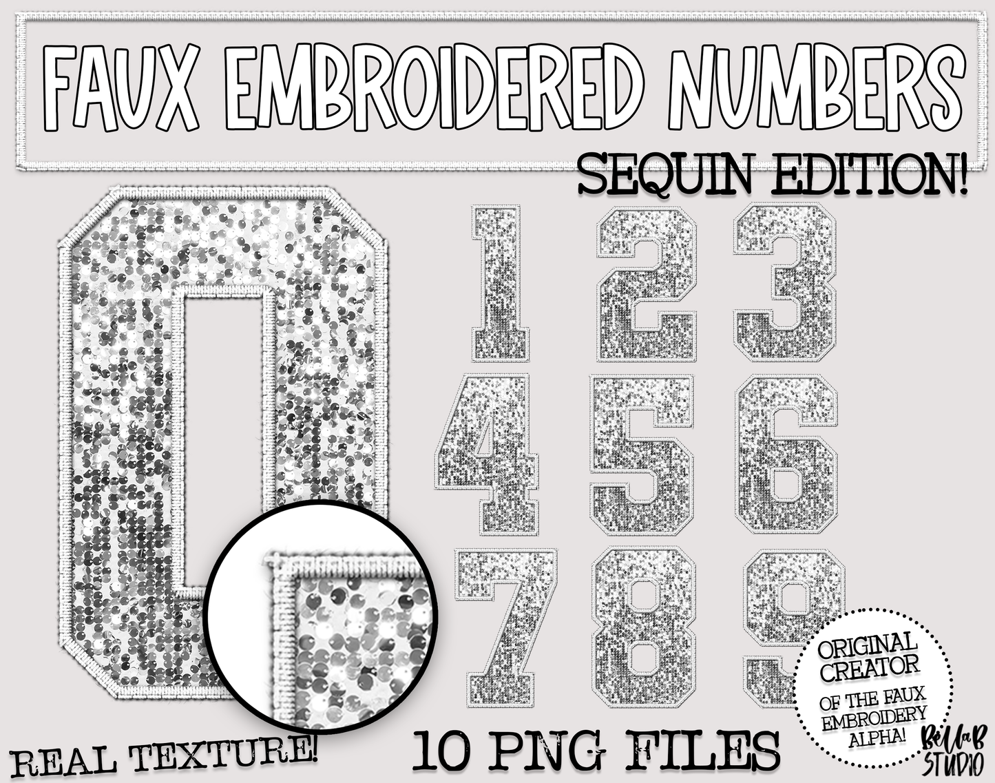 Faux Embroidered SEQUIN Number Set - White