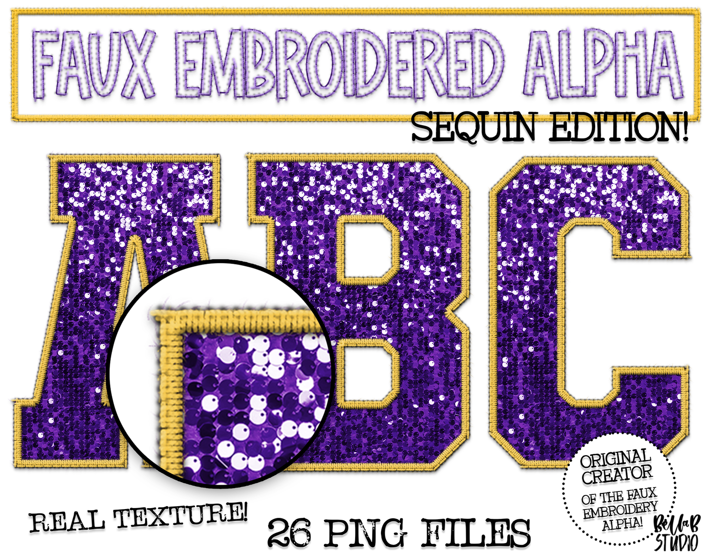 Faux Embroidered SEQUIN Alphabet Set - Purple/Yellow