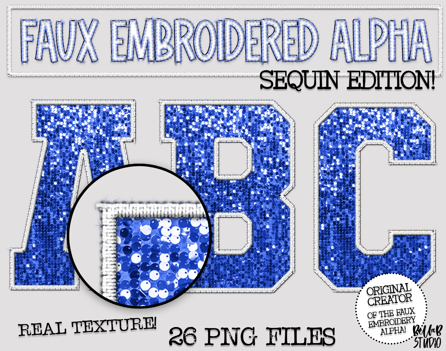 Faux Embroidered SEQUIN Alphabet Set -Royal/White