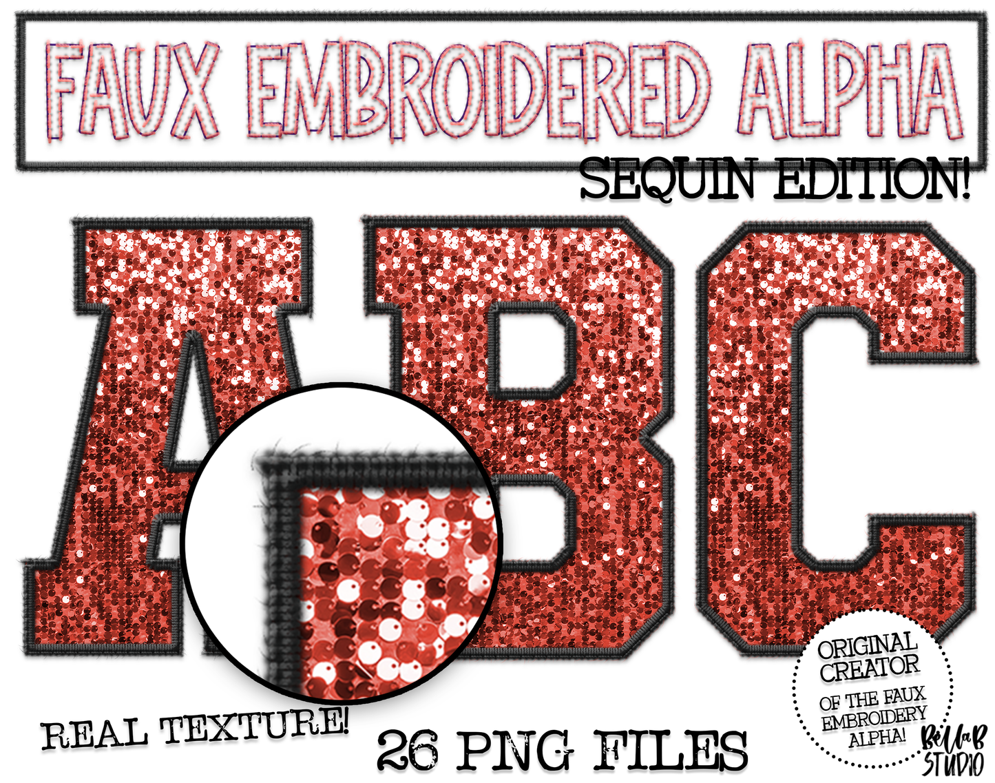 Faux Embroidered SEQUIN Alphabet Set - Red/Black