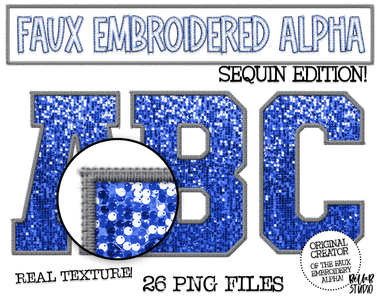 Faux Embroidered SEQUIN Alphabet Set - Royal/Grey