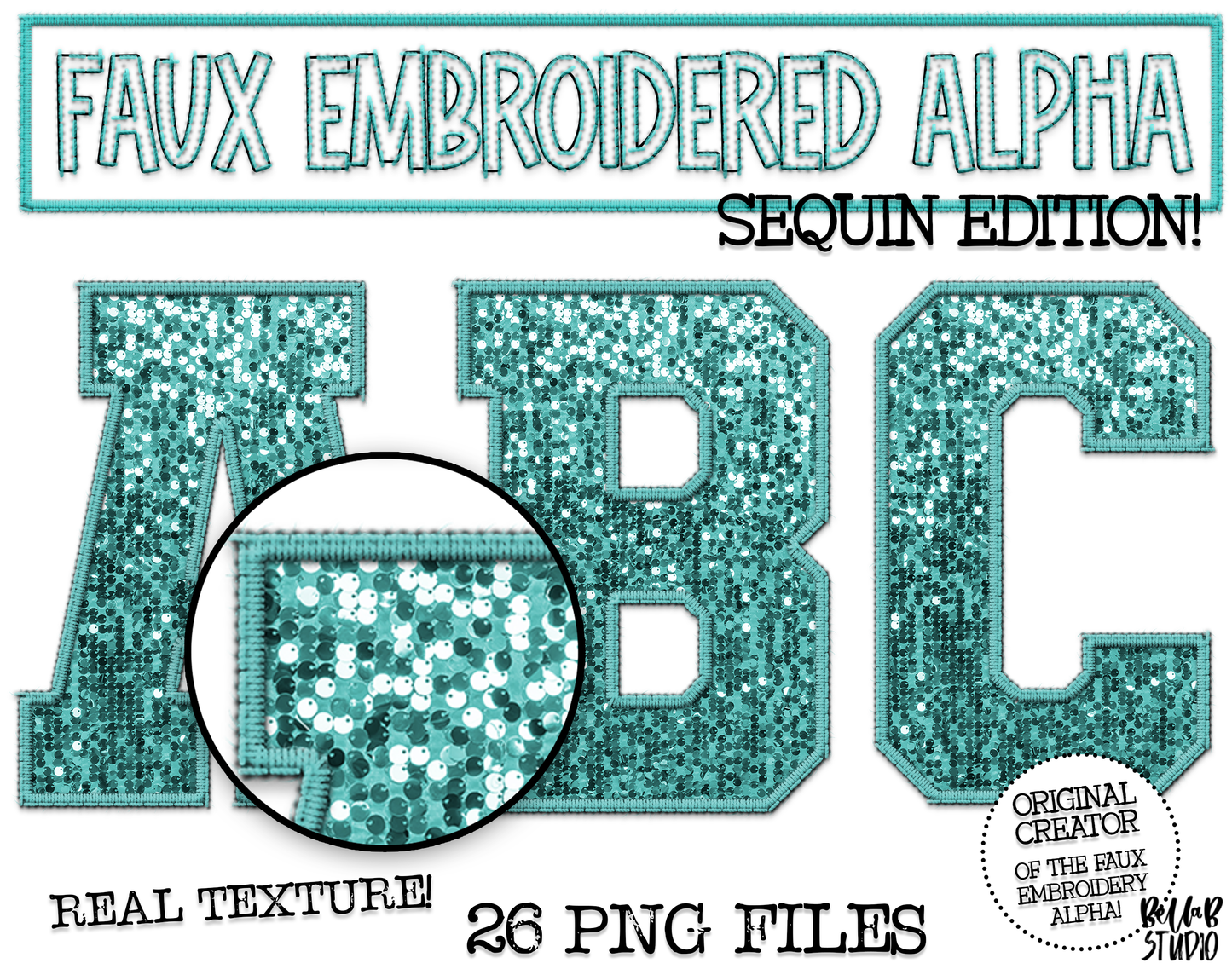 Faux Embroidered SEQUIN Alphabet Set - Teal / Teal