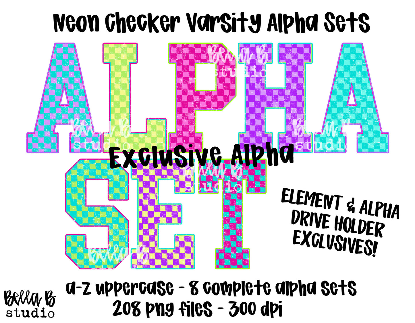 EXCLUSIVE- Neon Checker Varsity Alpha - Set of 8 Alphabets