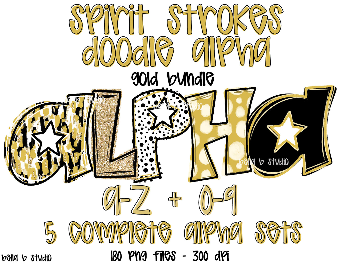 Gold Spirit Strokes Doodle Alpha Bundle - Set of 5 Alphabets