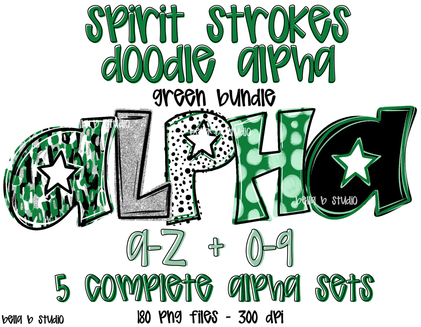 Green Spirit Strokes Doodle Alpha Bundle - Set of 5 Alphabets
