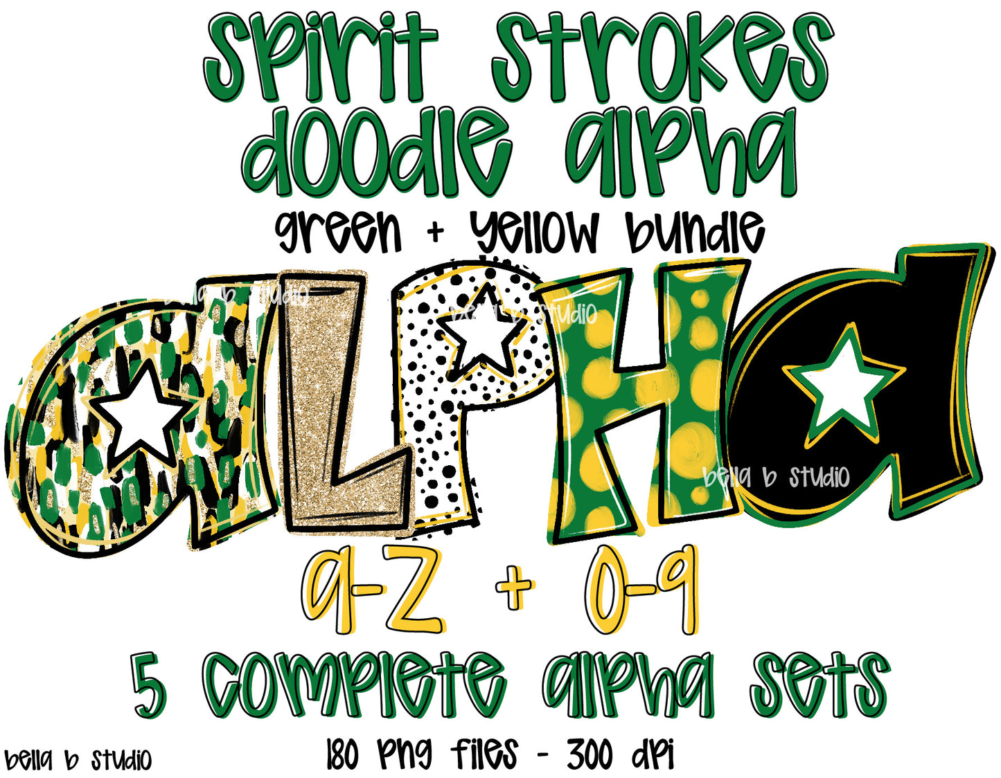 Green Yellow Spirit Strokes Doodle Alpha Bundle - Set of 5 Alphabets