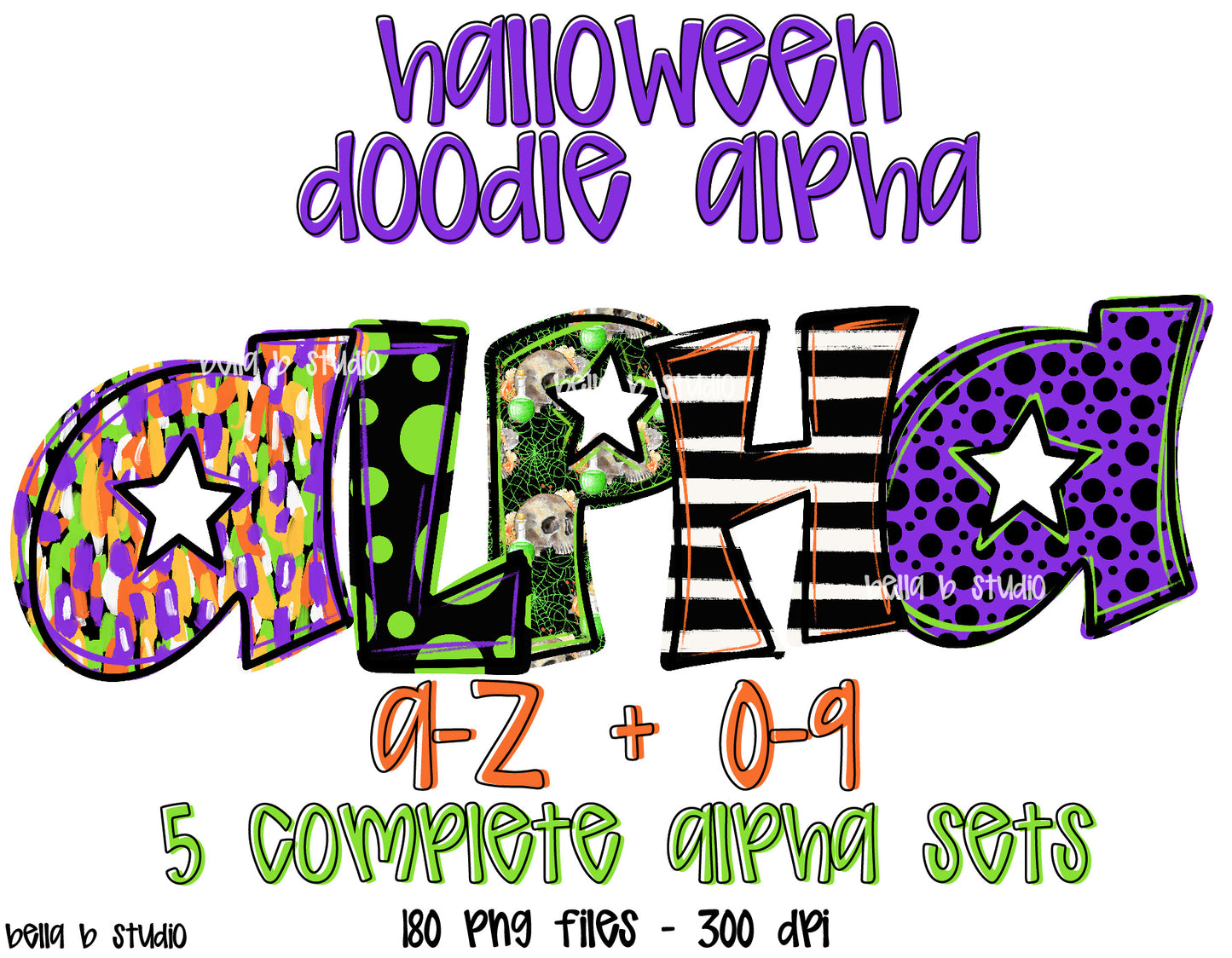Halloween Strokes Doodle Alpha Bundle - Set of 5 Alphabets