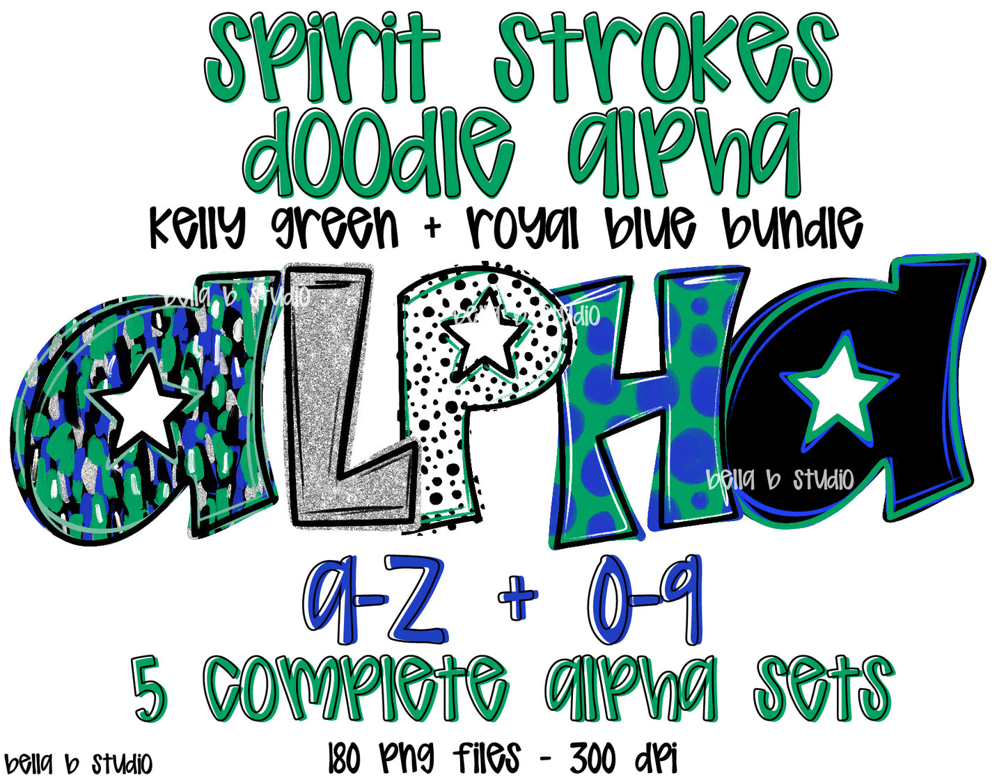 Kelly Green Royal Blue Spirit Strokes Doodle Alpha Bundle - Set of 5 Alphabets