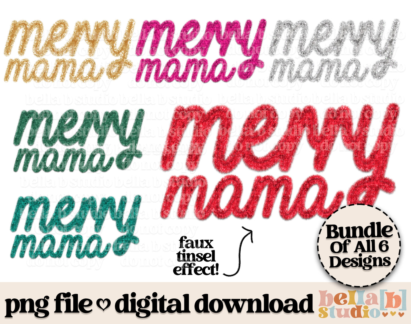 Faux Tinsel Merry Mama PNG Design - Bundle of 6