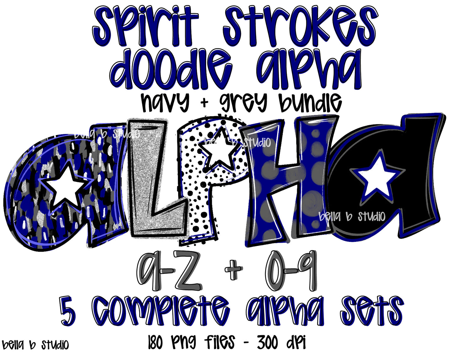 Navy Grey Spirit Strokes Doodle Alpha Bundle - Set of 5 Alphabets