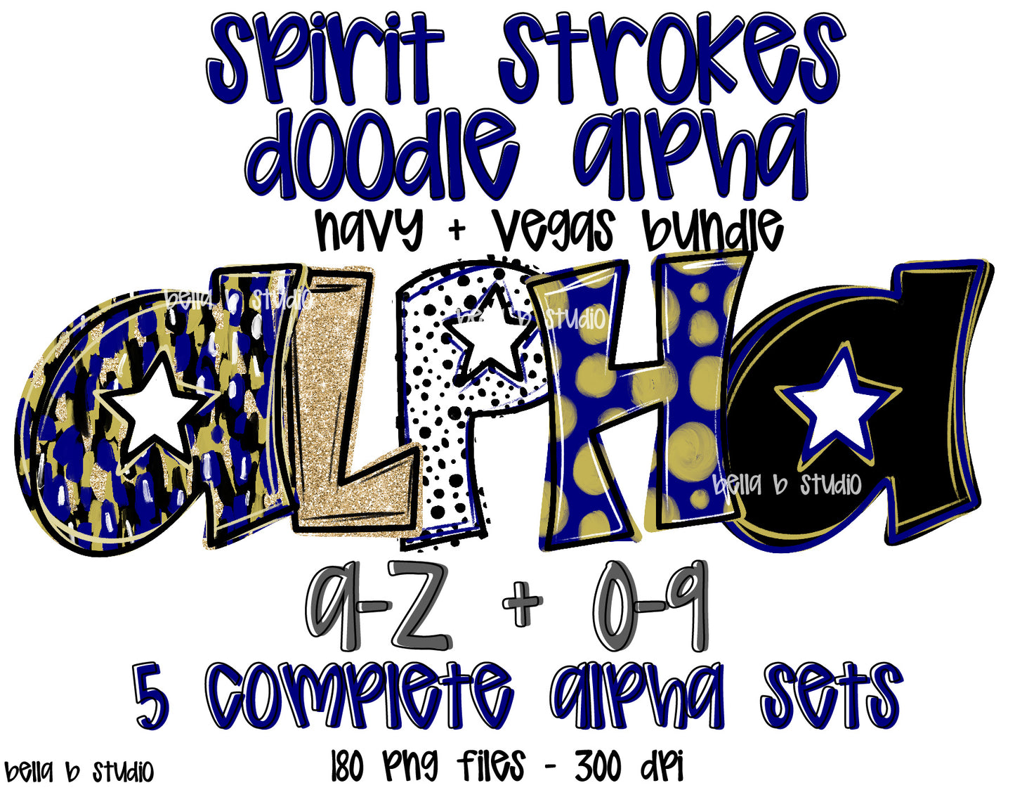 Navy Vegas Gold Spirit Strokes Doodle Alpha Bundle - Set of 5 Alphabets