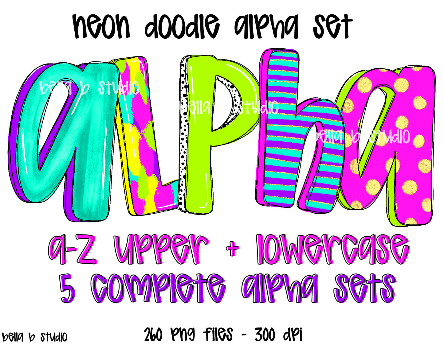 Neon Doodle Alpha Bundle - Set of 5 Alphabets