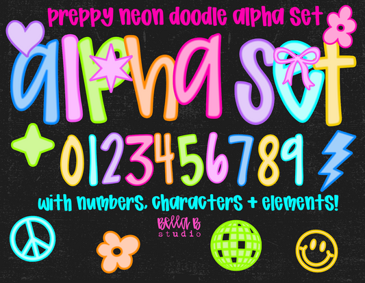Preppy Neon Doodle Alpha Bundle - Set of 8 Alphabets