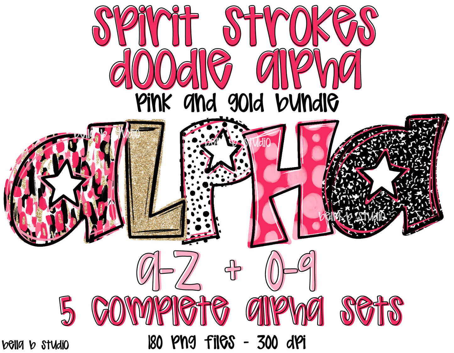 Pink and Gold Spirit Strokes Doodle Alpha Bundle - Set of 5 Alphabets