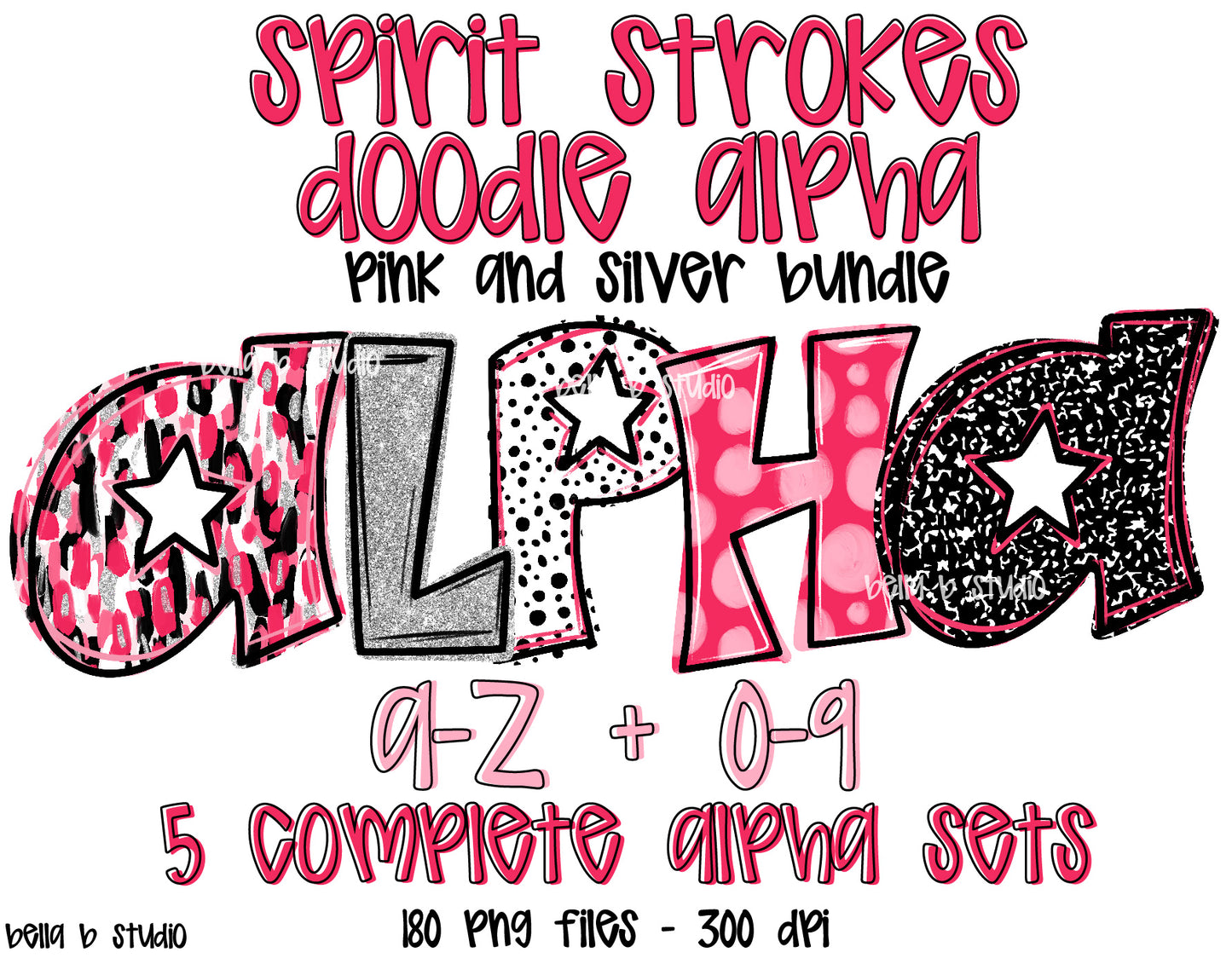Pink and Silver Spirit Strokes Doodle Alpha Bundle - Set of 5 Alphabets