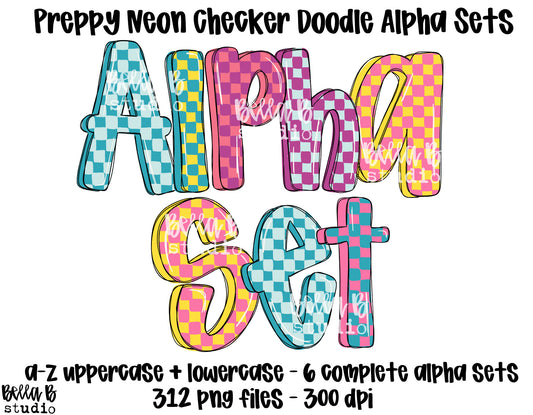 Preppy Neon Checker Doodle Alpha Bundle - Set of 6 Alphabets