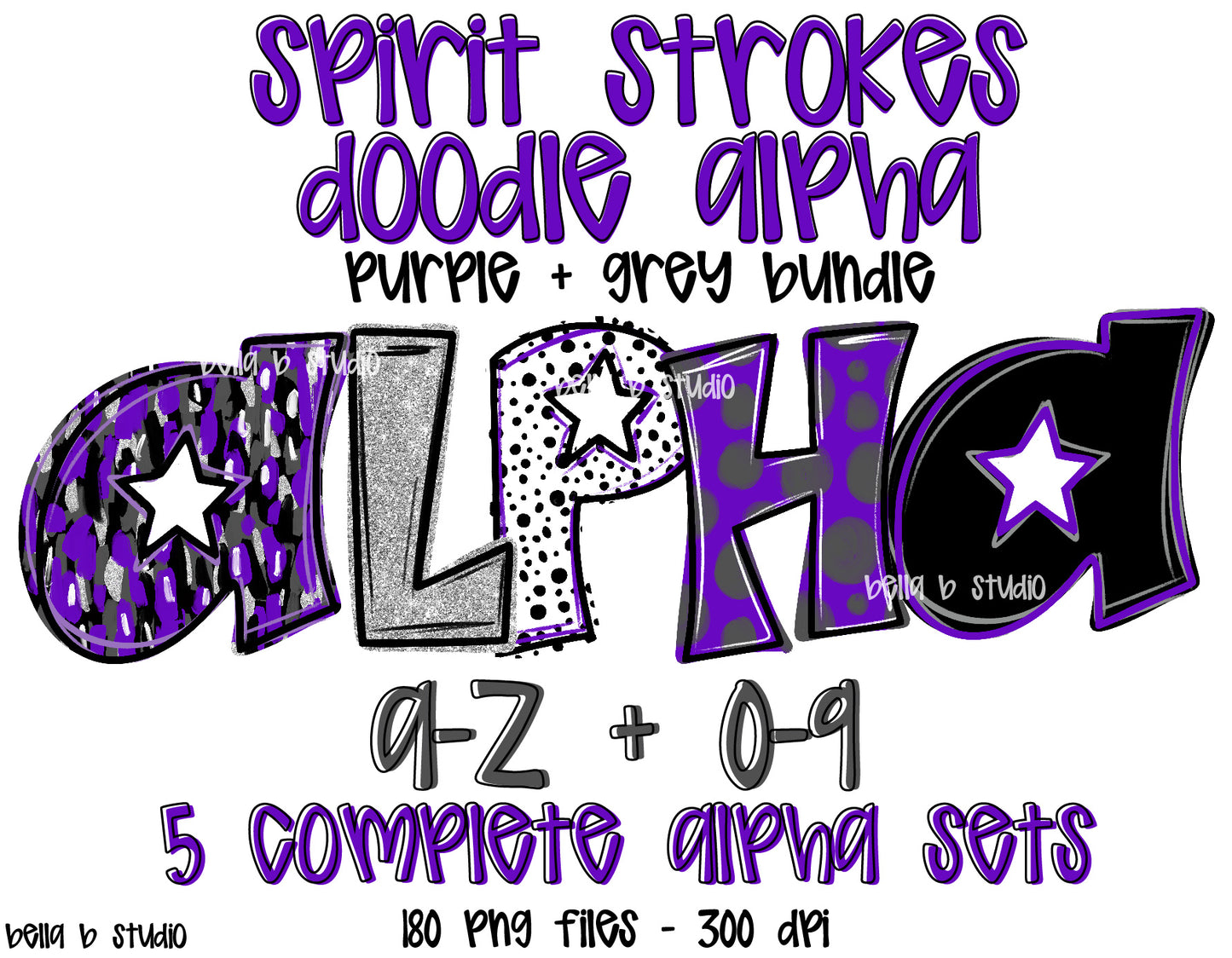 Purple and Grey Spirit Strokes Doodle Alpha Bundle - Set of 5 Alphabets