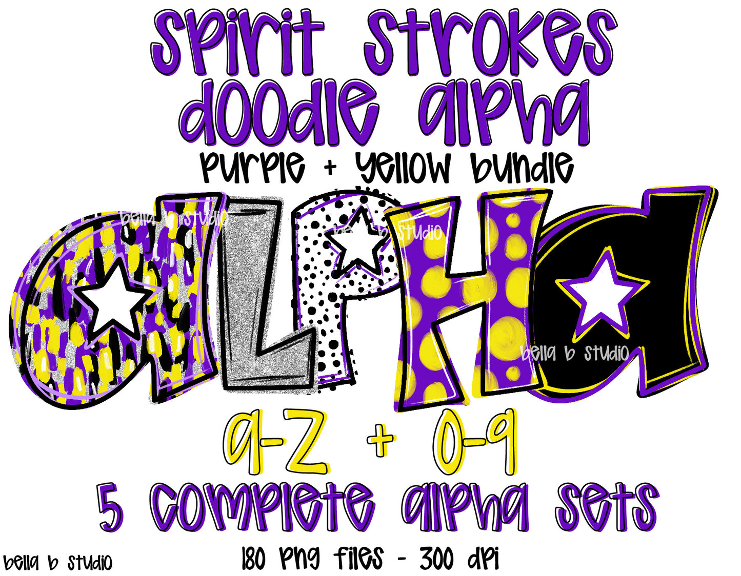 Purple Yellow Spirit Strokes Doodle Alpha Bundle - Set of 5 Alphabets