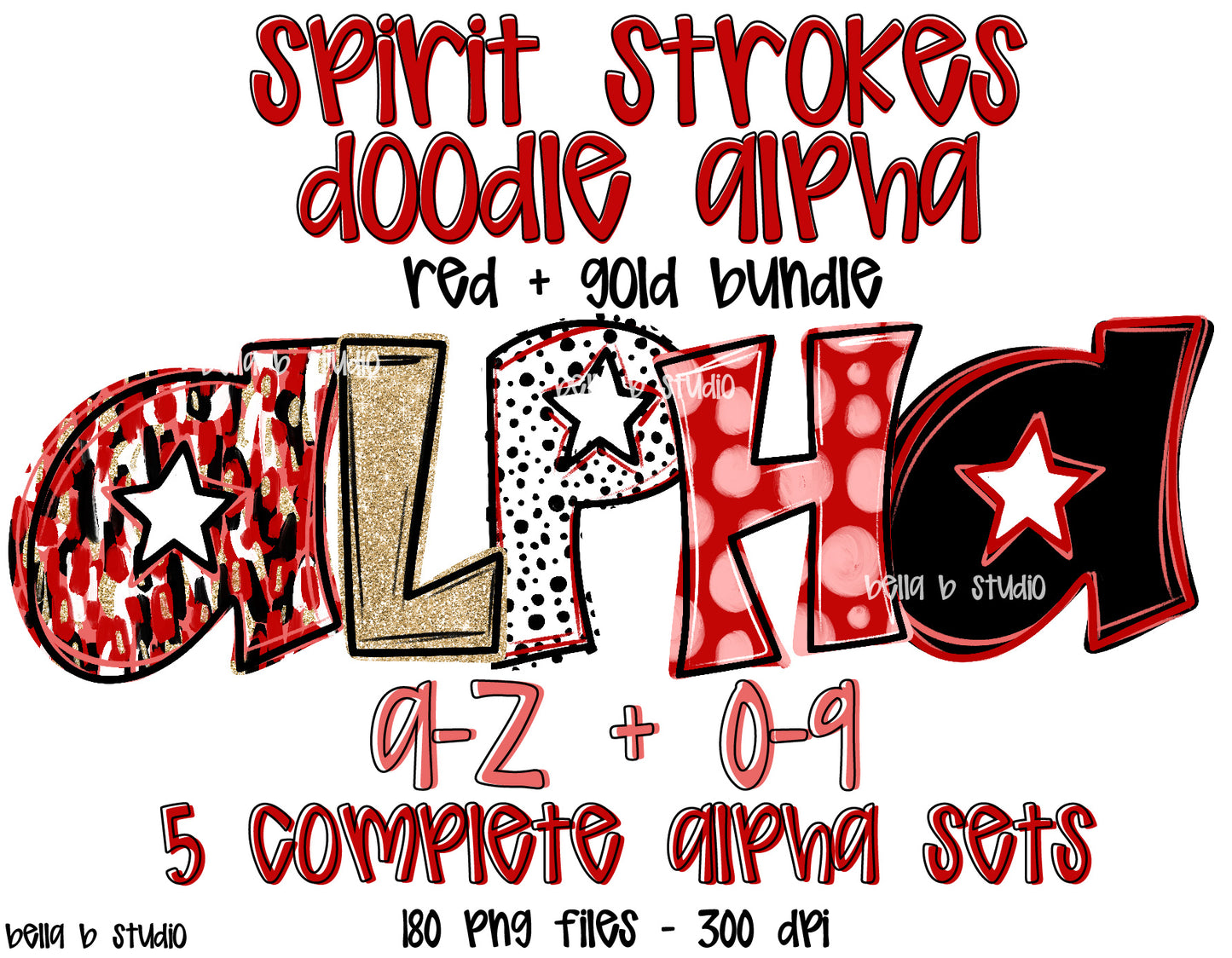 Red GOLD Spirit Strokes Doodle Alpha Bundle - Set of 5 Alphabets