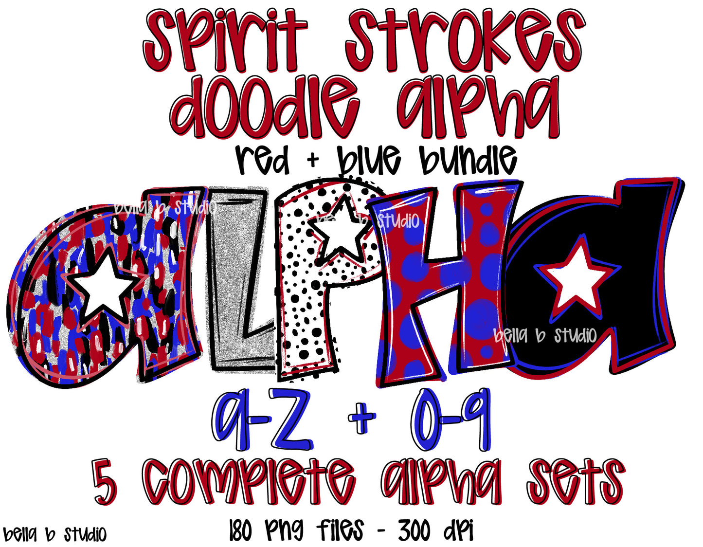 Red Blue Spirit Strokes Doodle Alpha Bundle - Set of 5 Alphabets