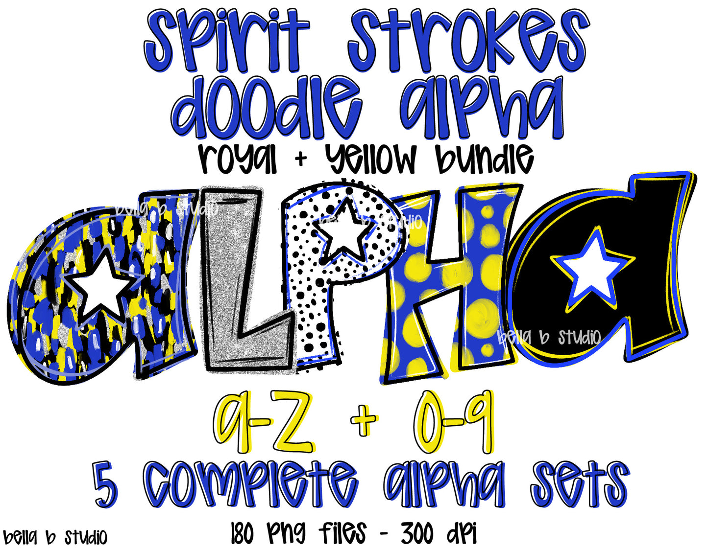 Royal and Yellow Spirit Strokes Doodle Alpha Bundle - Set of 5 Alphabets