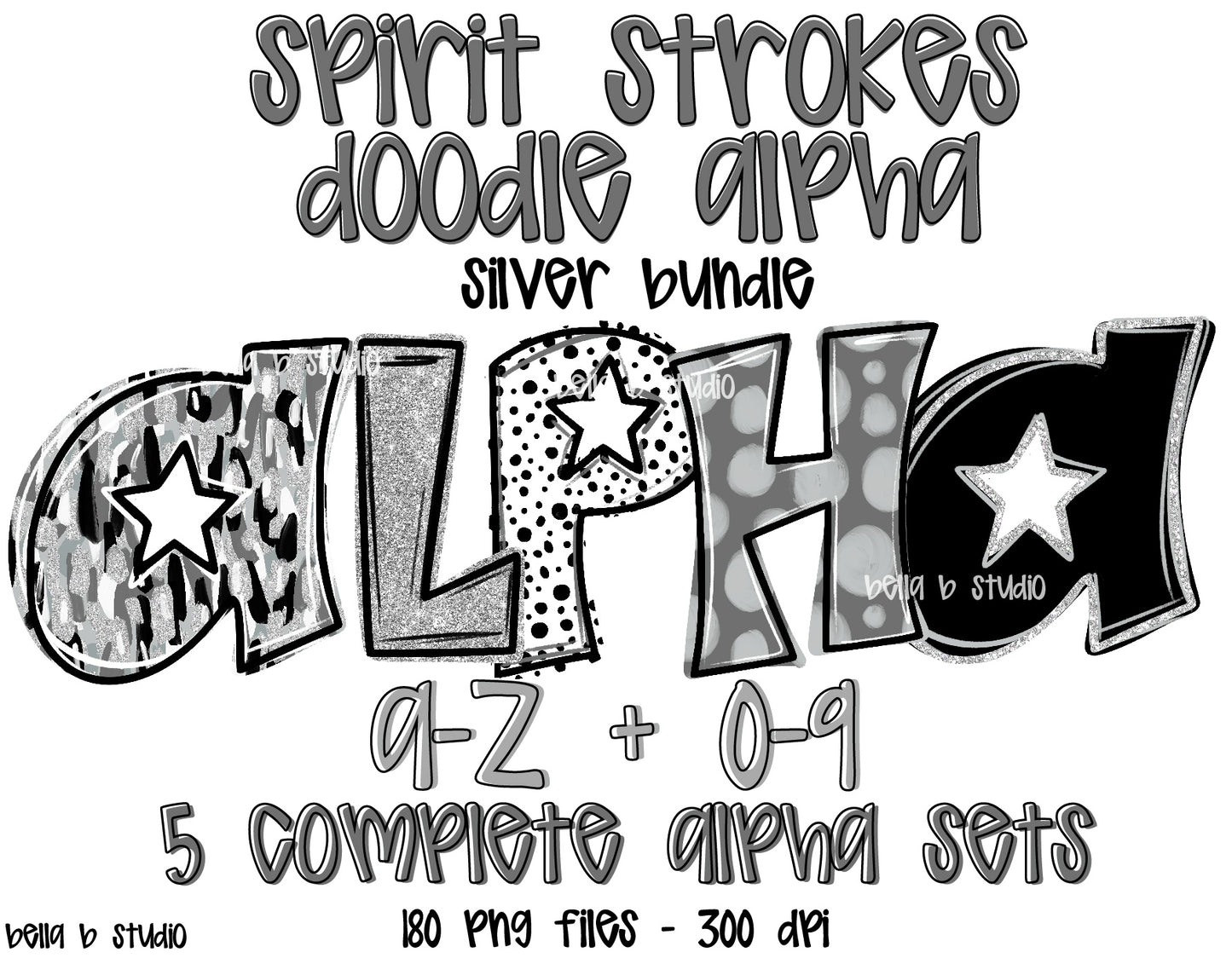 Silver Spirit Strokes Doodle Alpha Bundle - Set of 5 Alphabets