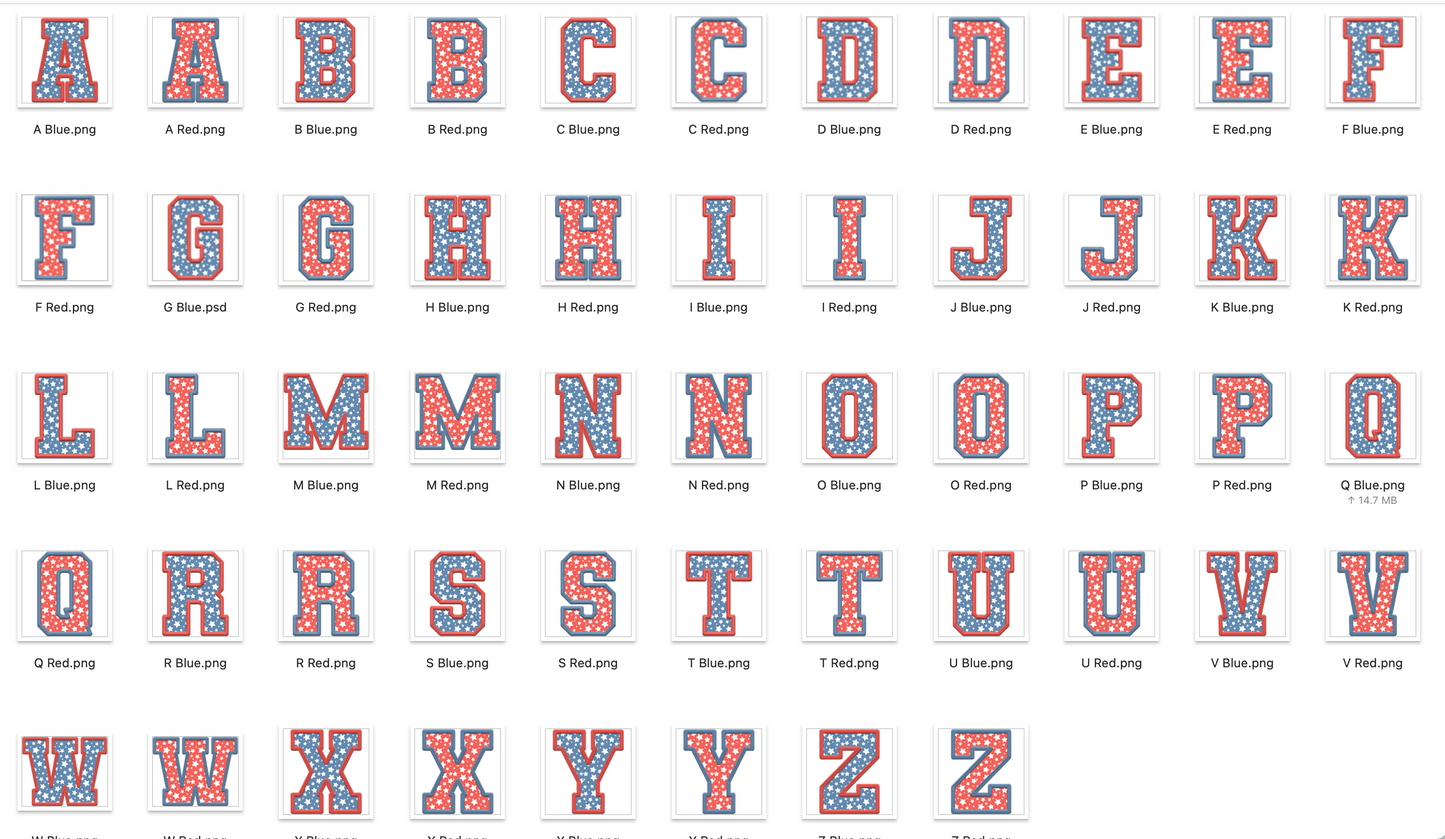 Faux Embroidered Alphabet Set - USA Stars; Set of 2