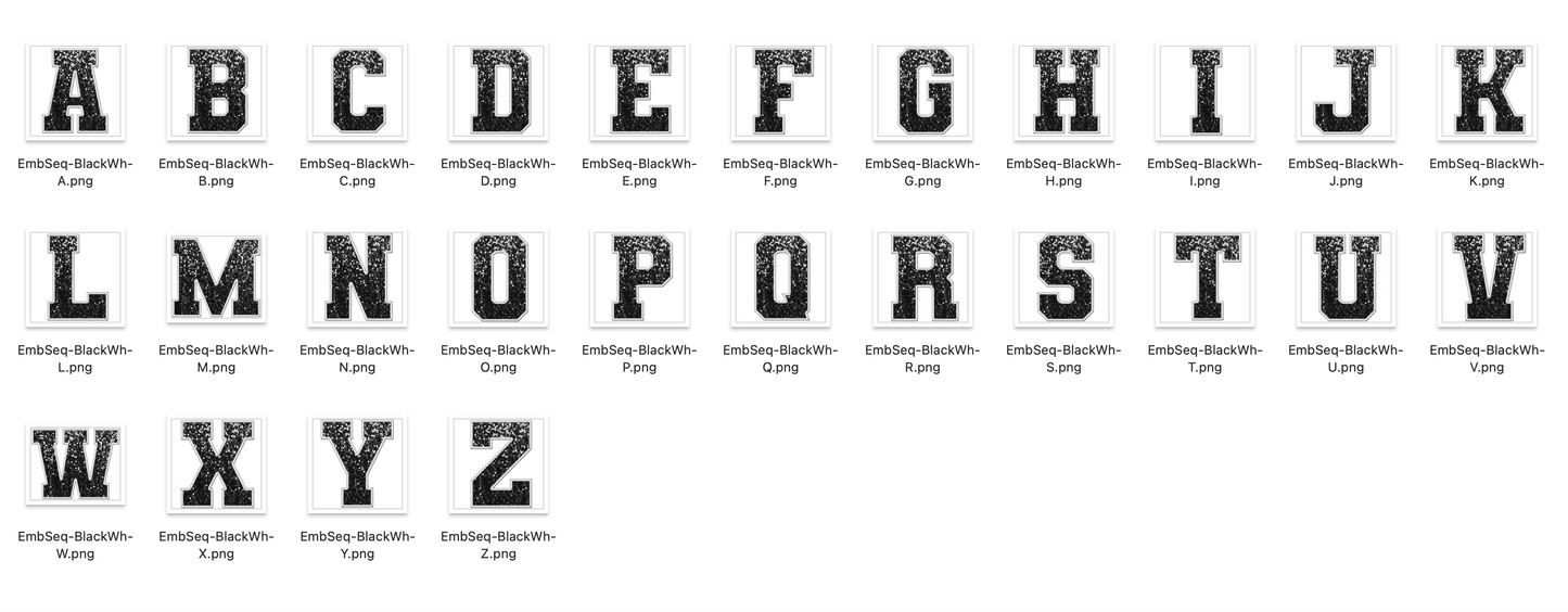 Faux Embroidered SEQUIN Alphabet Set - BLACK/White Stitching