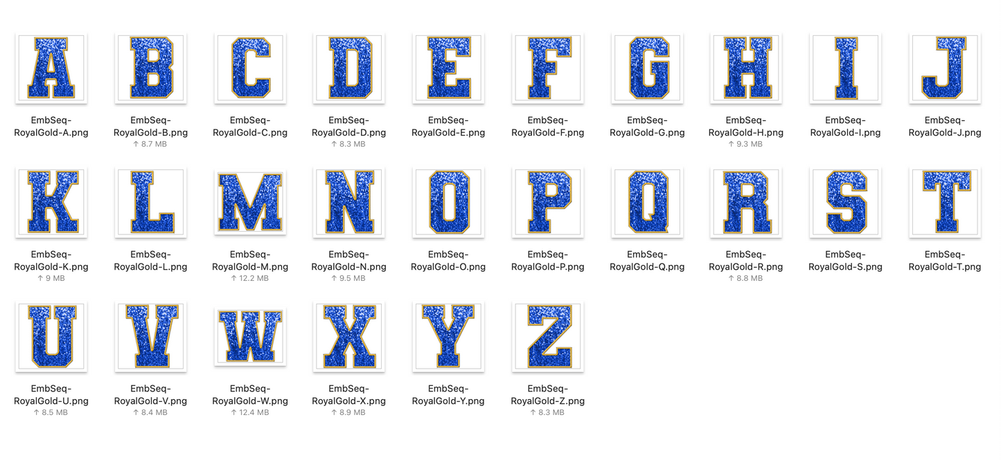 Faux Embroidered SEQUIN Alphabet Set - Royal/Gold