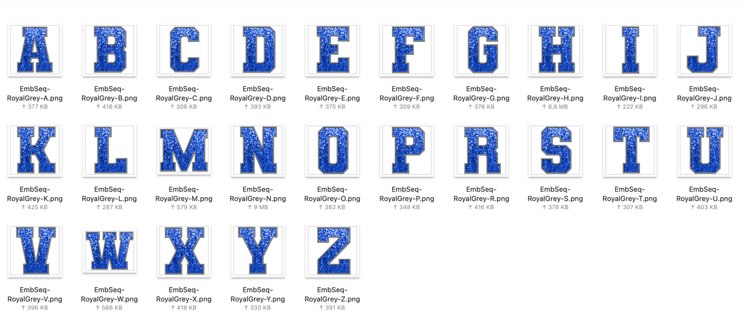 Faux Embroidered SEQUIN Alphabet Set - Royal/Grey