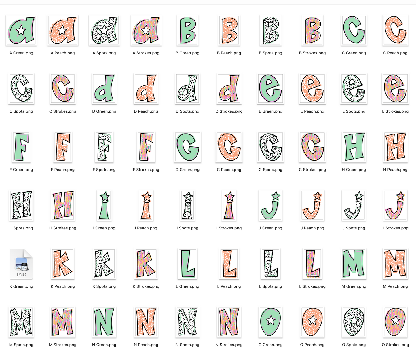 Dalmatian + Strokes Pastel Doodle Alpha Bundle - Set of 4 Alphabets