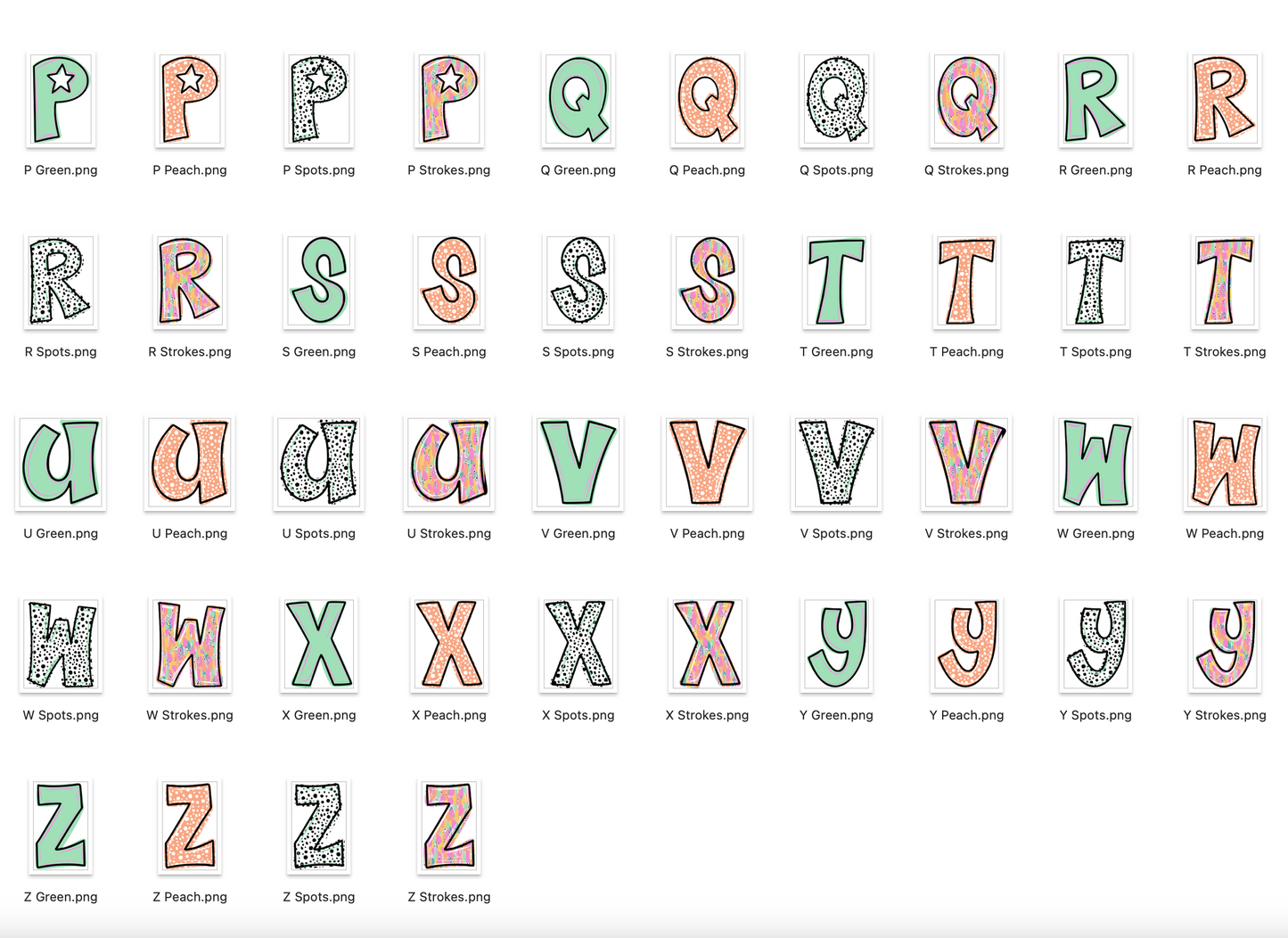 Dalmatian + Strokes Pastel Doodle Alpha Bundle - Set of 4 Alphabets