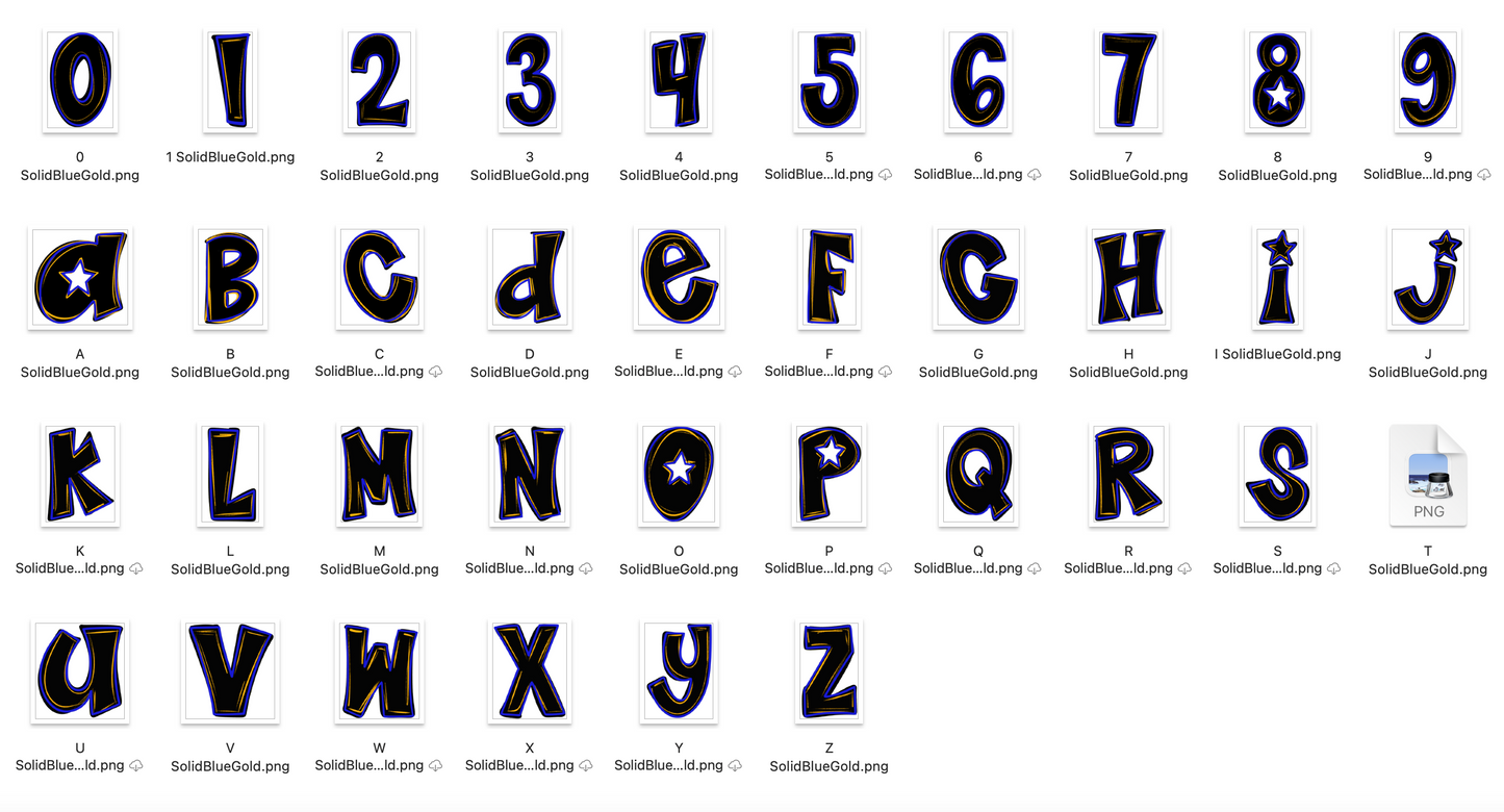 Blue Gold Spirit Strokes Doodle Alpha Bundle - Set of 5 Alphabets